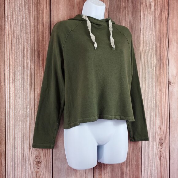 Monrow Womens Size XS Cropped Pullover Hoody Chevron Drawcord Green Soft - Picture 4 of 12